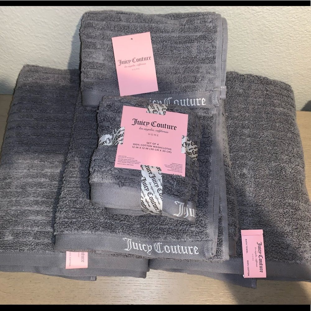Grey Ribbed Embroidered Juicy Couture Towel Set - Picture 2 of 7